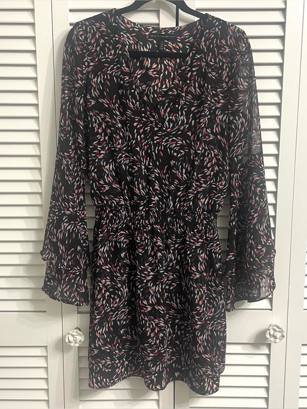 WHBM Dress Sz 4 Flowy Bell Sleeve Smocked Waist Ruffled Black Pink Print Chiffon